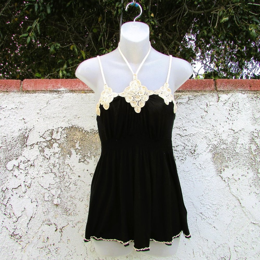 Top Shop black rayon cream tie neck halter top 8
